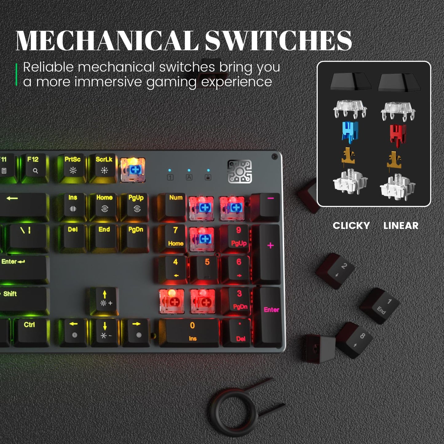 Black Emblem Mechanical Gaming Keyboard with Linear Red Switches, RGB Backlit Full Size 104 Key Programmable Wired Keyboard with Aluminum Base for Gaming/Typing/PC/Mac