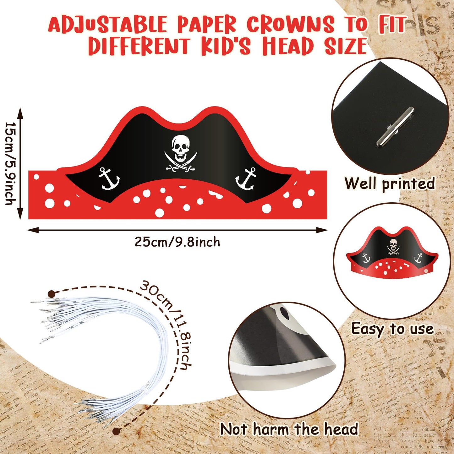 Funtery 48 Pcs Pirate Hat Pirate Party Accessories Favors Kids Paper Costume Cap for Halloween Caribbean Cosplay(Cute)