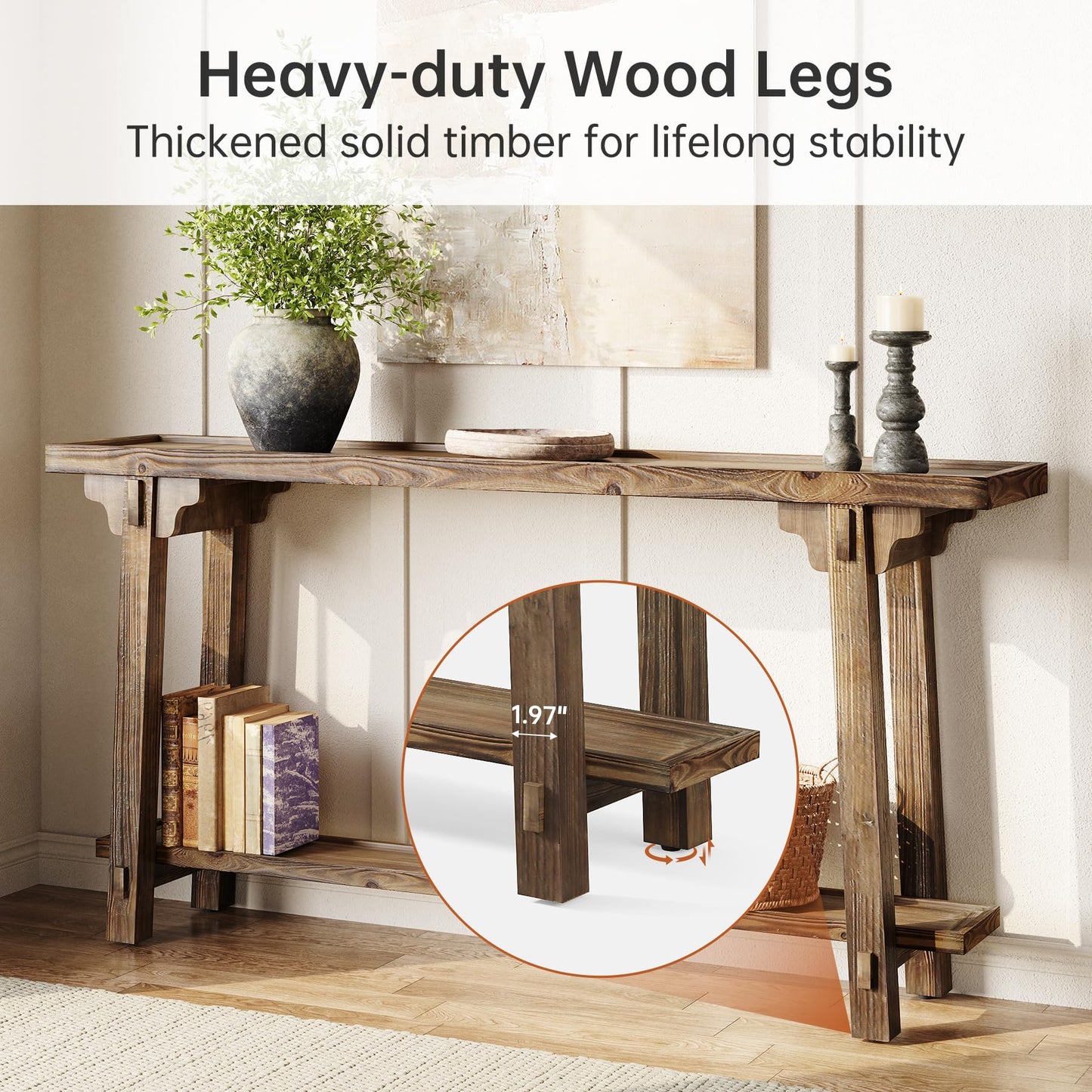 TRIBEWOOD Solid Wood Console Table for Entryway, 63-Inch Long Farmhouse Sofa Table Behind Couch with 2-Tier Storage, for Living Room, Foyer, Hallway, Entrance, Rustic Brown