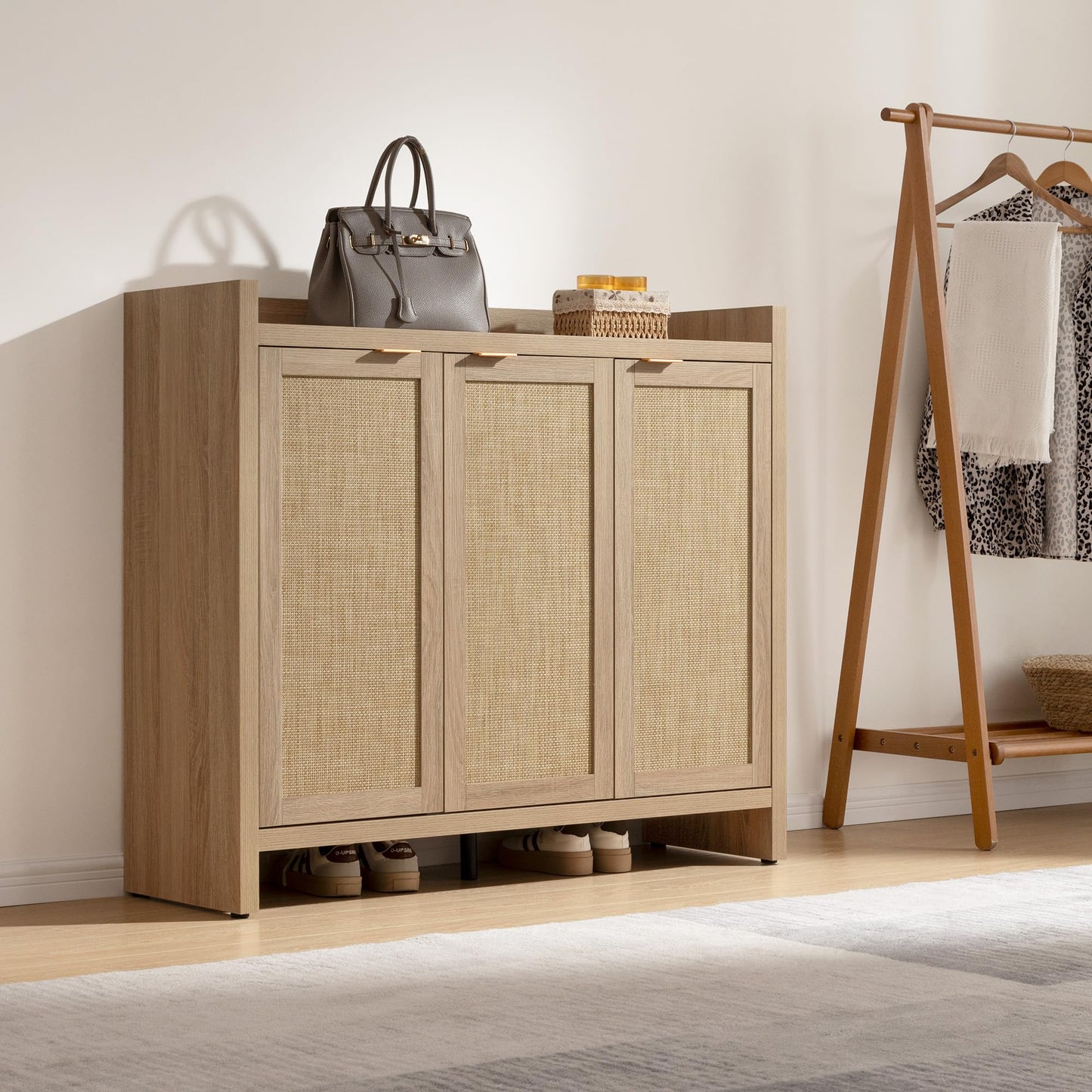SICOTAS Shoe Storage Cabinet, 30 Pairs Rattan Shoe Cabinet Storage for Entryway, 6-Tier 41" Tall Large Shoe Cabinet, Boho Farmhouse Cabinet with Doors for Entryway Hallway Living Room, Light Oak