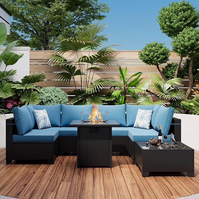 Ophelian 8 Piece Wicker Patio Furniture Set with Fire Pit Table, Rattan Outdoor Sectional Sofa, Patio Couch Set for Backyard, Garden, Deck (Coffee/Peacock Blue)