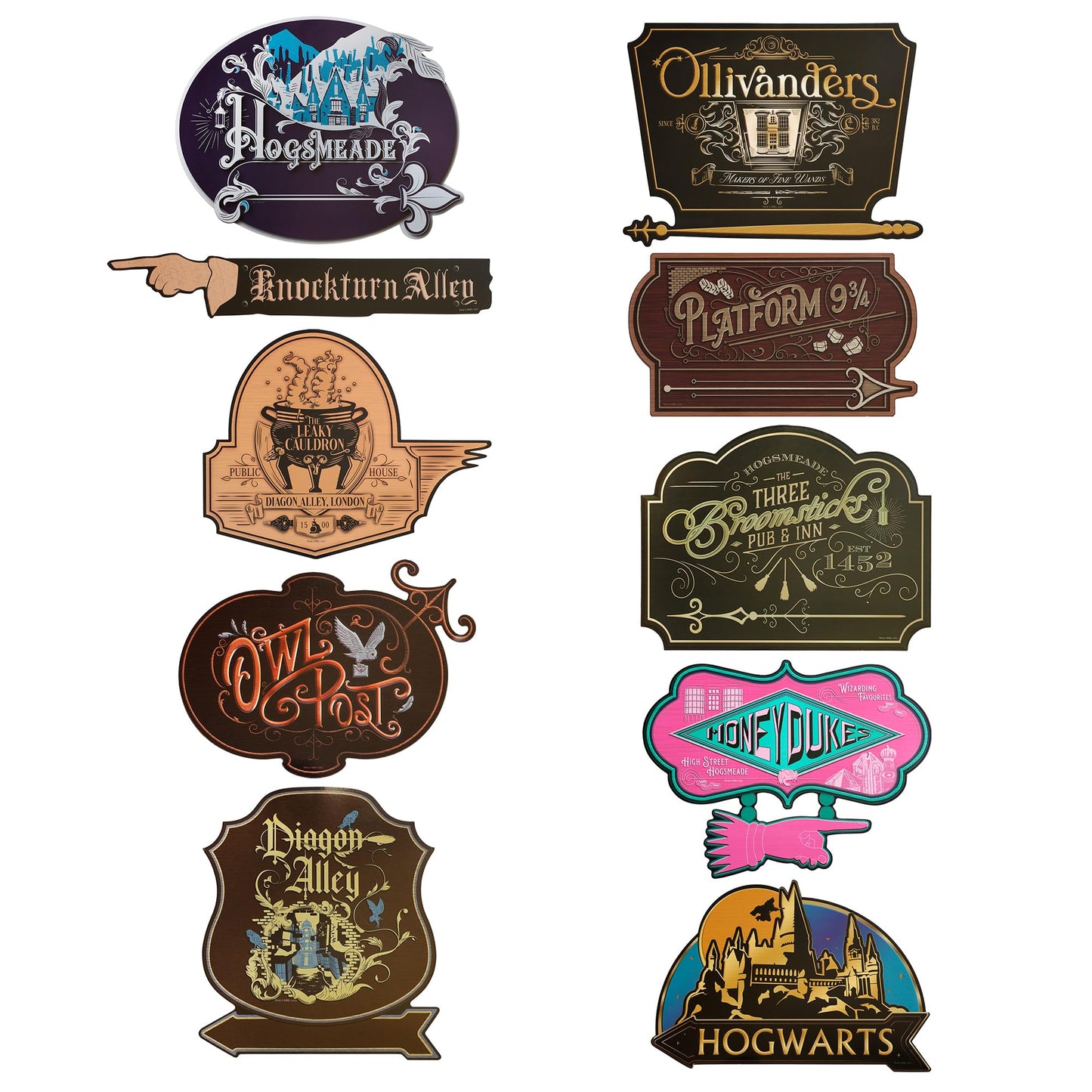 Conquest Journals Harry Potter Wizarding World Directional Sign Set, Officially Licensed, 12 Pieces, 10 6'' x 9'' Location Signs & 2 48'' Posts, Cardstock, Party Decorations or Home Decor