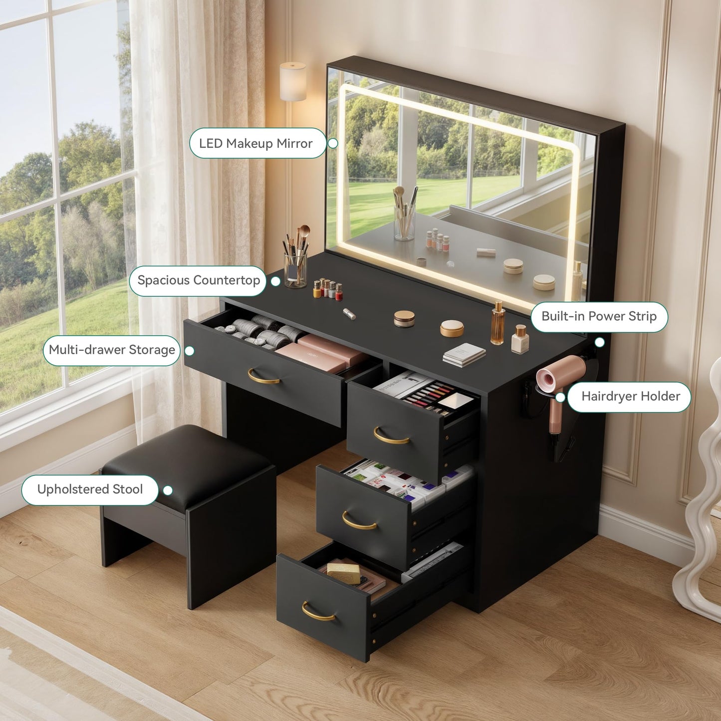 YITAHOME Vanity Desk with Large 35" Mirror and LED Lights, Makeup Vanity Set with 4 Drawers and Stool, Ample Storage & Power Strip, Brightness Adjustable, Dressing Table, Black