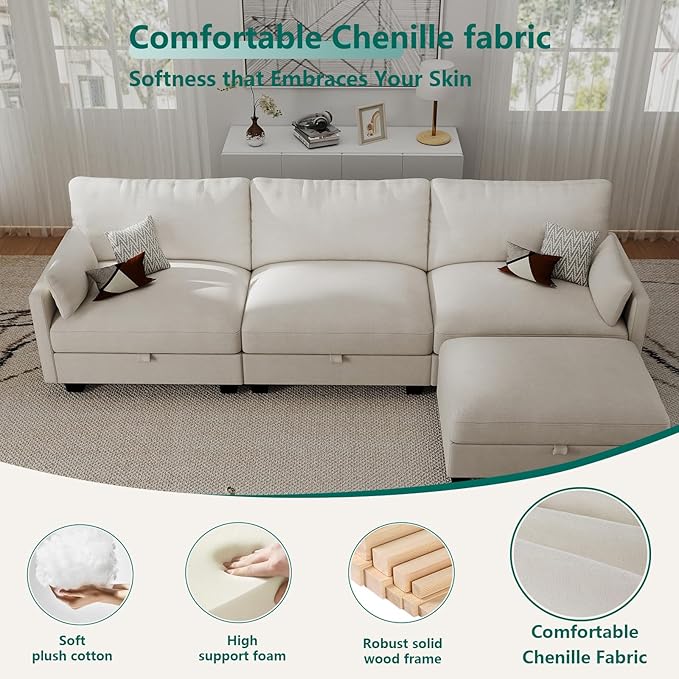 OhaiAura Modular Sectional L Shaped Sofa Couches for Living Room, Cloud Couch with Storage Ottoman, Comfy Chenille Sofa with Pillow, Beige