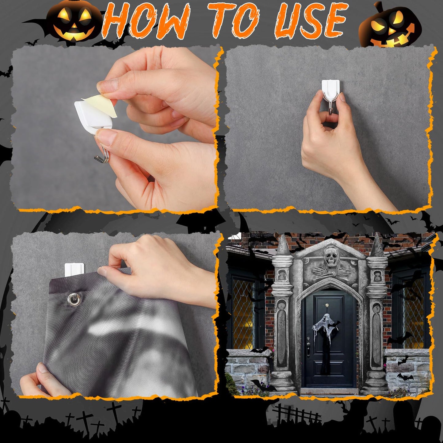 Fanfanwin 3 Pcs Halloween Archway Cemetery Graveyard Decorations Haunted Gothic Mansion Door Cover 3D Halloween Banners Decor Skull with Tombstone Sign Spooky Pillar Sign for Outdoor Party Supplies