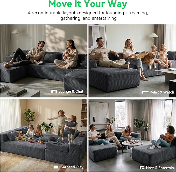 MONVANE 141'' Modular Sectional Sofa, PRO Version U-Shape Boneless Couch, Oversized Deep Seating Cloud Couch, No Assembly, High-Resilience Foam, Soft Corduroy Fabric, for Living Room Apartments Grey | High-Resilience Foam