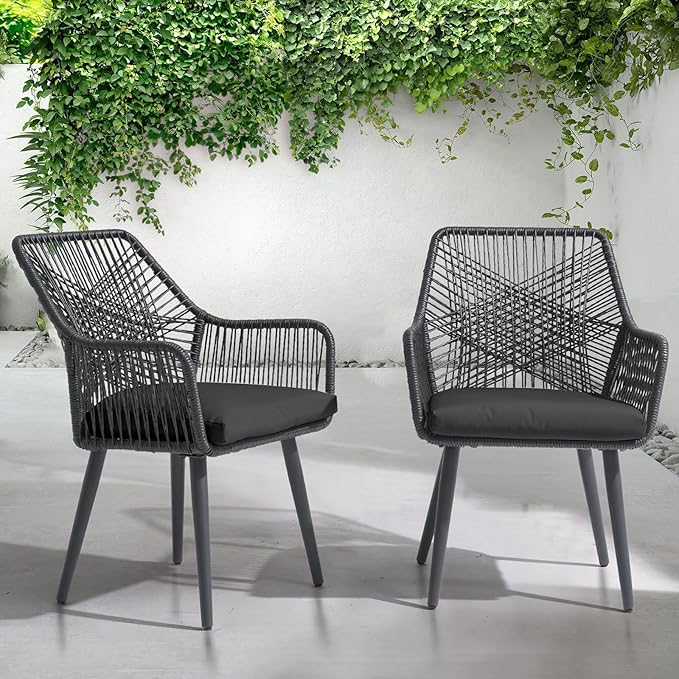 Patiorama Patio Dining Chair Set of 6,Woven Rope Outdoor Dining Chairs w/Steel Frame,All-Weather Twisted Rattan Chairs w/Armrest & Cushion,Outdoor Dining Wicker Chairs for Backyard Garden(Dark Grey)