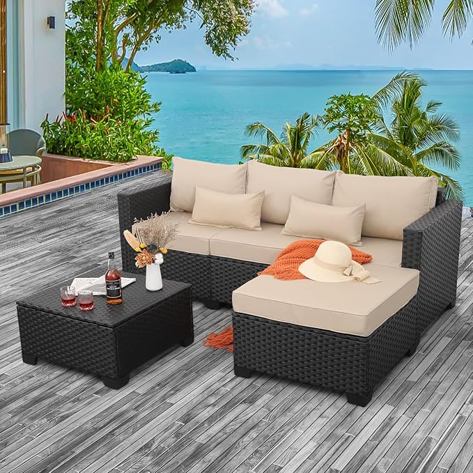 Outdoor Furniture Set 3 Pieces Wicker Patio Furniture Outdoor Sectional Patio Couch Outdoor Coffee Table with Storage All-weather Non-slip Cushions Waterproof Covers, Khaki