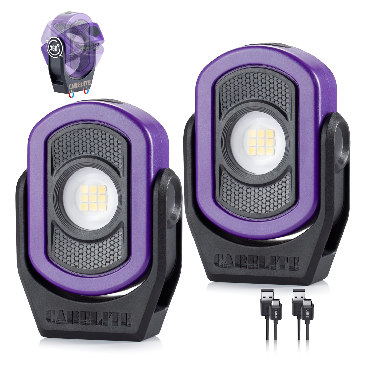 Magnetic Work Light – 780 Lumen Compact Pocket Light, Rechargeable 3000mAh, 360° Pivot, Durable & Portable for Mechanics & Jobsites (Purple, 2 Pack)