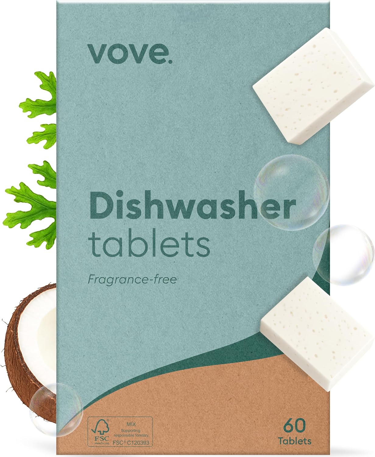 Vove Plastic-Free Dishwasher Tablets, 60 Pack - All-in-One Plant-Based Formula with 2x Enzyme Power - Tackles Stubborn Stains, No Pre-Rinse Needed, Biodegradable & Concentrated, Fragrance-Free