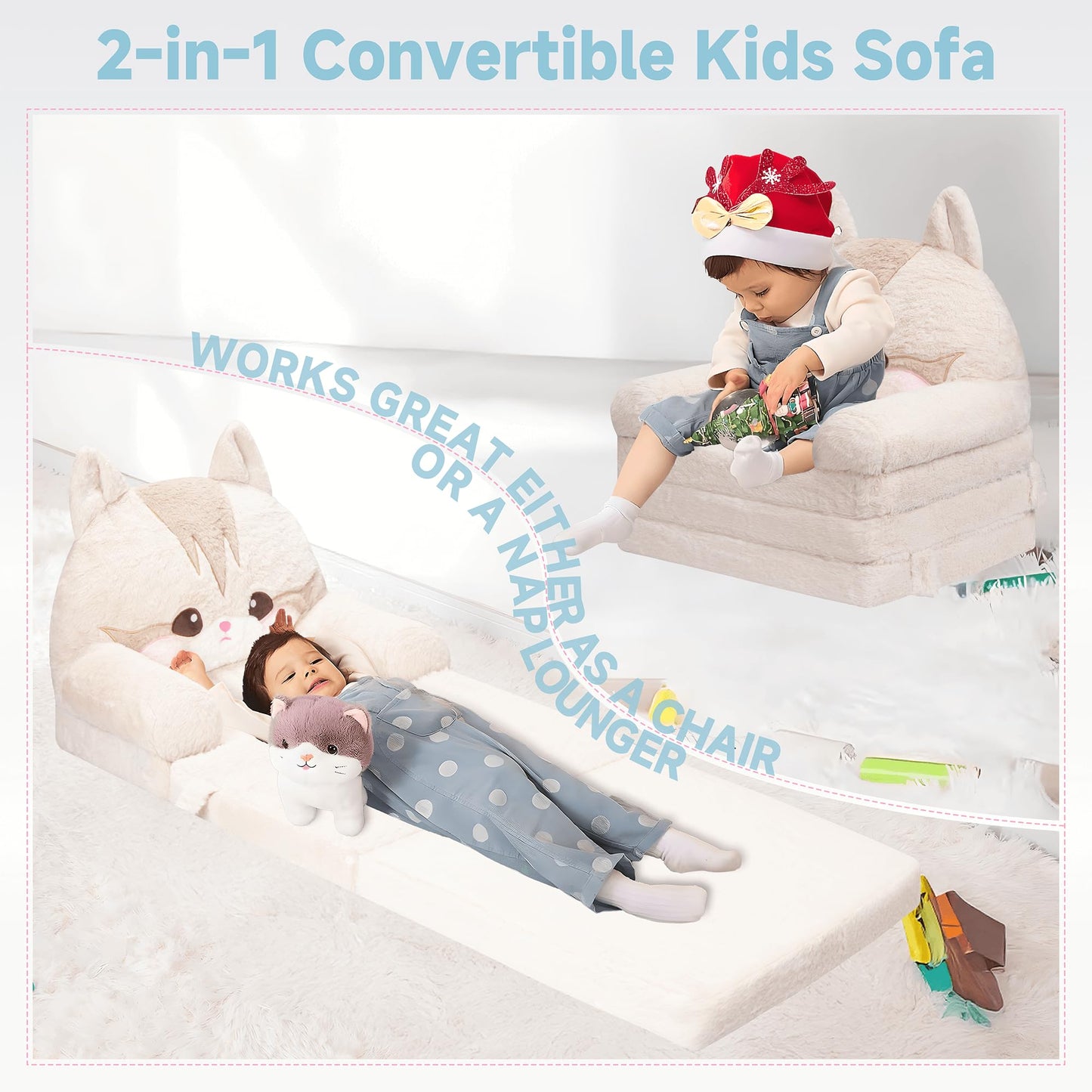MONKISS Kids Couch, Comfy Toddler Chair, 2 in 1 Fold Out Kids Sofa to Lounger, Baby Sleeper Chair, Toddler Furniture, Birthday Gifts for Boys and Girls, 1~4 Years Old, Cute Cat