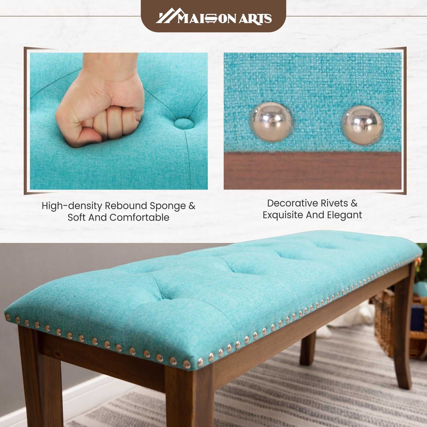 MAISON ARTS Clearance Upholstered Bedroom Bench for End of Bed, Solid Wood Legs and Button-Tufted, Ottoman Benches for Living Room, Entryway