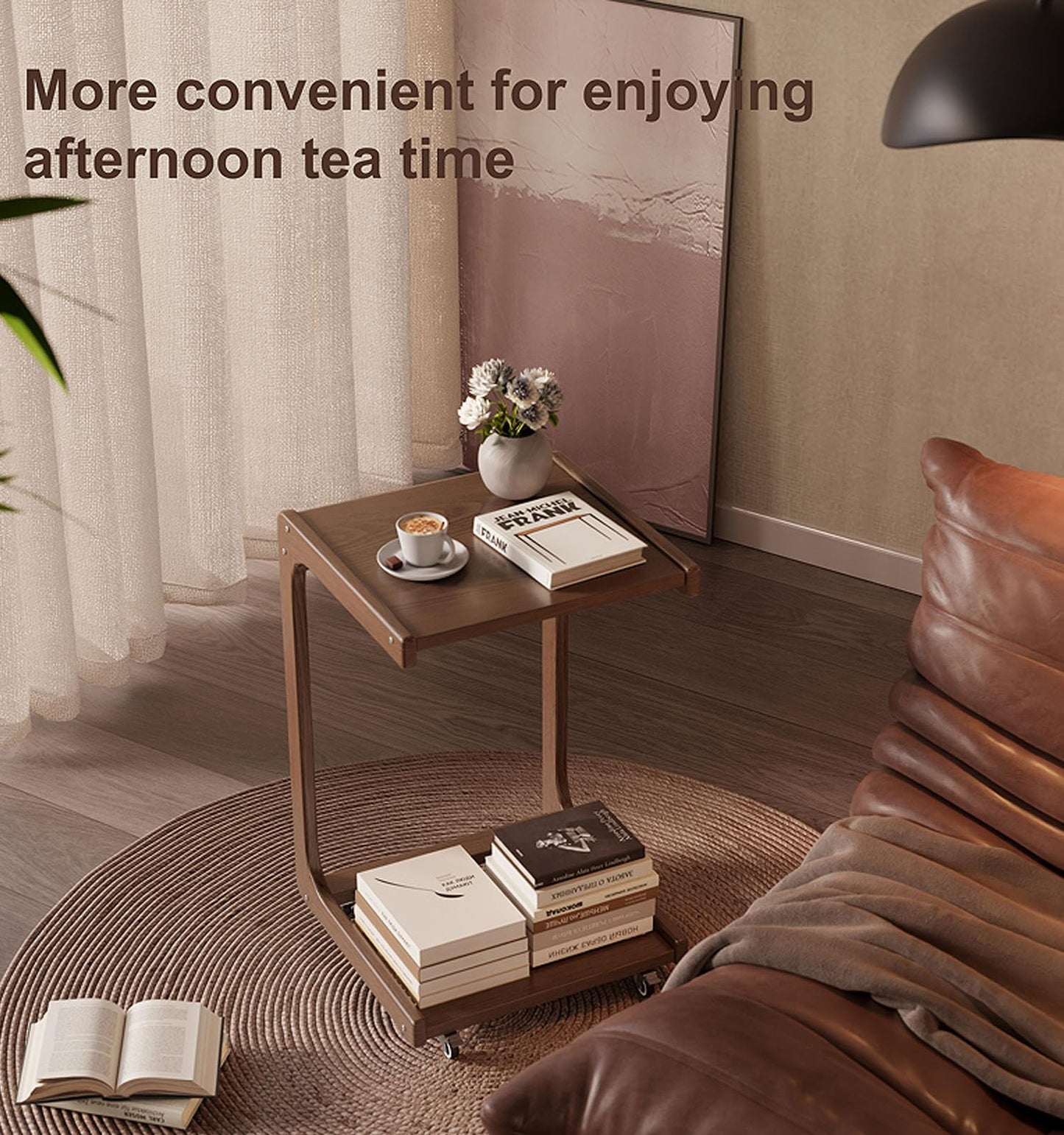 TIMBERKNOWS Soild Wood Rolling Side Table Desk,C-Shaped End Table with Wheels,Rolling end Table,TV Tray Table for Couch Sofa/Bed,Small Overbed Bedside Tray Table with Storage