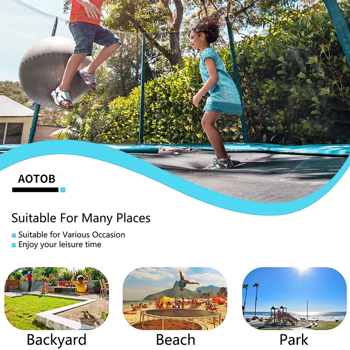 AOTOB 8 FT Trampoline Safety Enclosure Net Combo Bounce Jump for Kids Outdoor with Spring Pad Waterproof Jump Mat & Ladder (Azure)