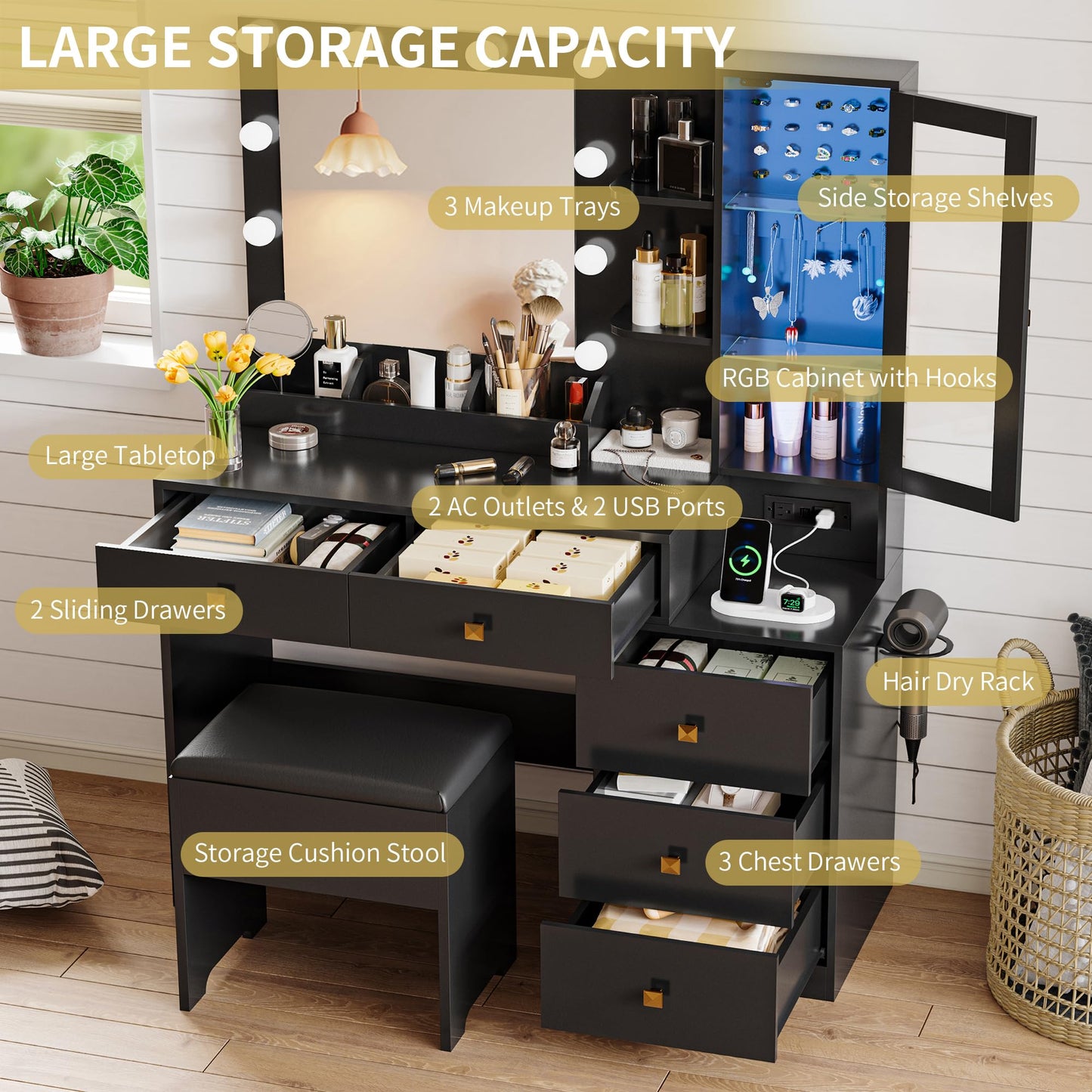 Vanity Desk with Mirror and Lights, Makeup Vanity Table Set with 5 Storage Drawers, Power Outlet & Chair, Small Dressing Table with RGB Ambient Light, Adjustable Brightness for Girls Bedroom, Black