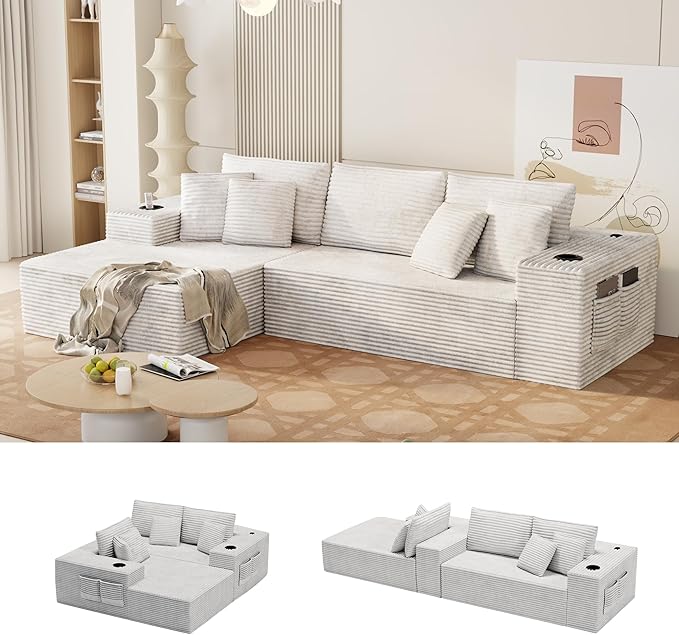 Cibert 104.3" Modular Sectional Sofa, Beige Boneless Couch Left Chaise L Shaped Couch with USB Ports, 2 Cup Holders, 2 Side Storage Bags & Lint Remover, No Assembly Sectional Couches for Living Room
