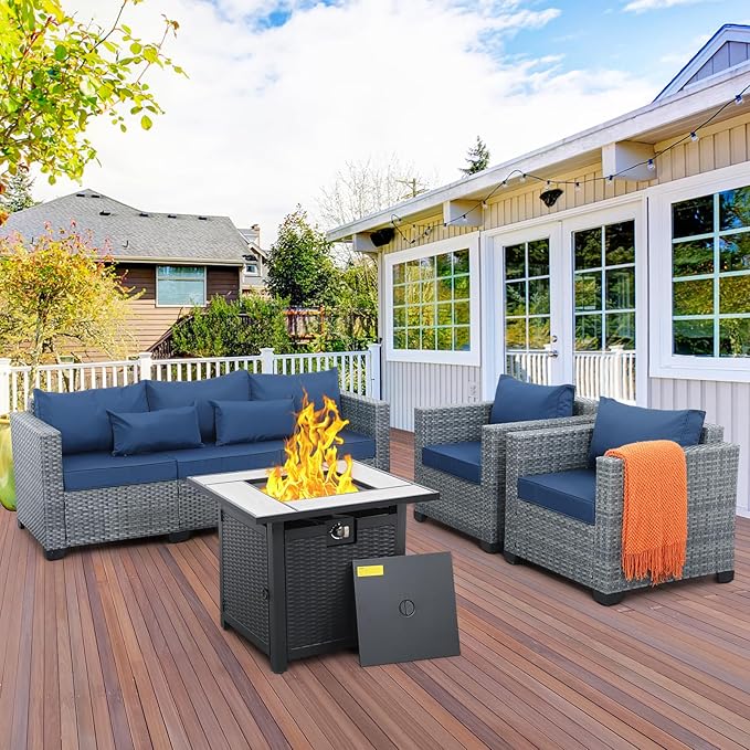 4 Piece Wicker Patio Furniture Sets Outdoor Conversation Set PE Rattan Sectional Sofa Couch with Fire Pit Table and Royal Blue Cushions