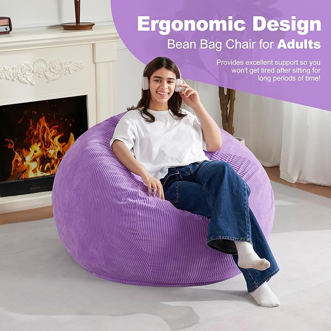 Homguava 3.5FT Bean Bag Chair: Teardrop Bean Bags with Memory Foam Filled, Compact Beanbag Chairs Soft Sofa with Corduroy Cover (Purple)