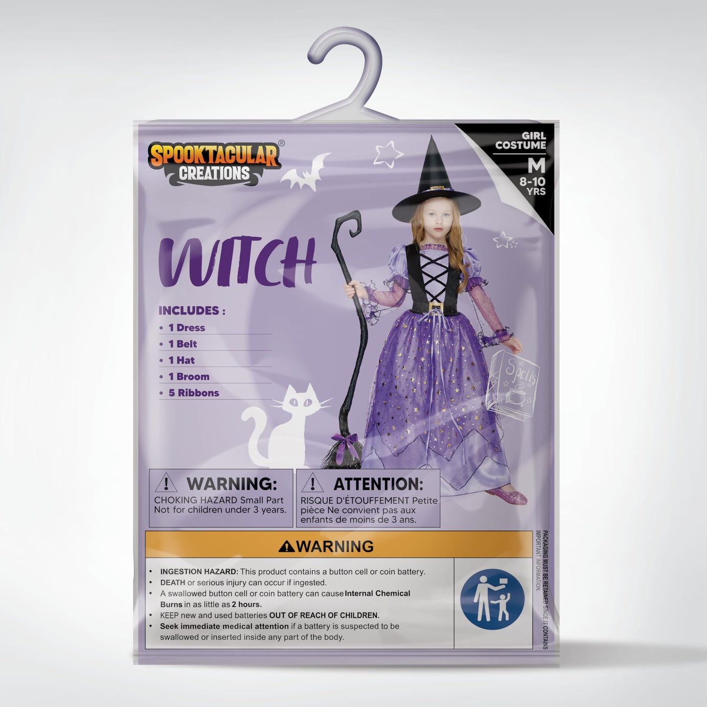 Spooktacular Creations Girls Witch Costume, Light up Witch Costume Kids, Starry Dress with Broom Belt Hat for Child Halloween Role Play Parties, S