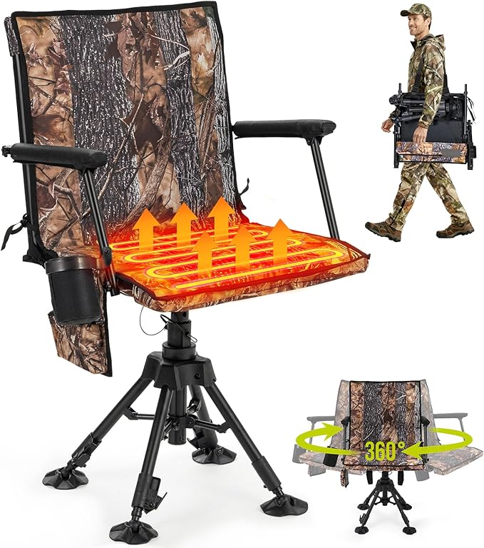 HUNTSEN 360° Silent Swivel Hunting Chair for Blinds - Stable Portable Ground Blind Chair Adjustable 4 Legs & Seat Height Folding Outdoor Fishing Seat with Anti-Sink Feet Armrest - Supports 330lbs