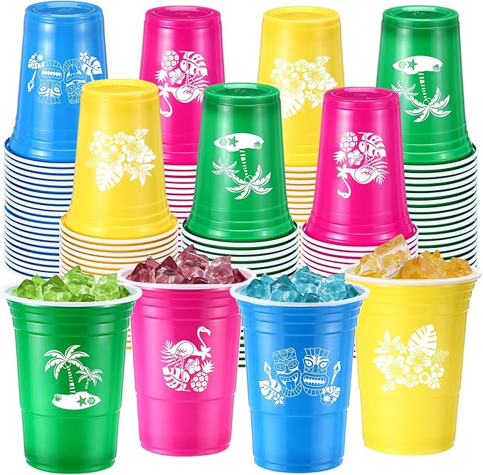 Domensi 120 Pcs Hawaiian Luau Party Plastic Cups 16 oz Summer Beach Tropical Plastic Disposable Cup Hot Cold Drink Wine Co...