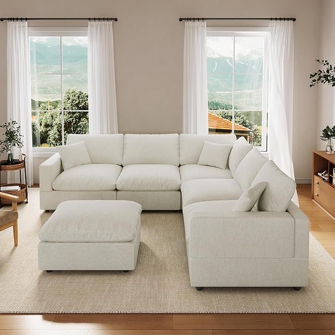 Cloud Couch Modular Sectional Sofa, 95.4" 6-Seater Corner Sectional Couches for Living Room, Convertible Cloud Sofa with Ottoman, Down Filled Wide & Deep Seat, Removable Washable Cushion Covers