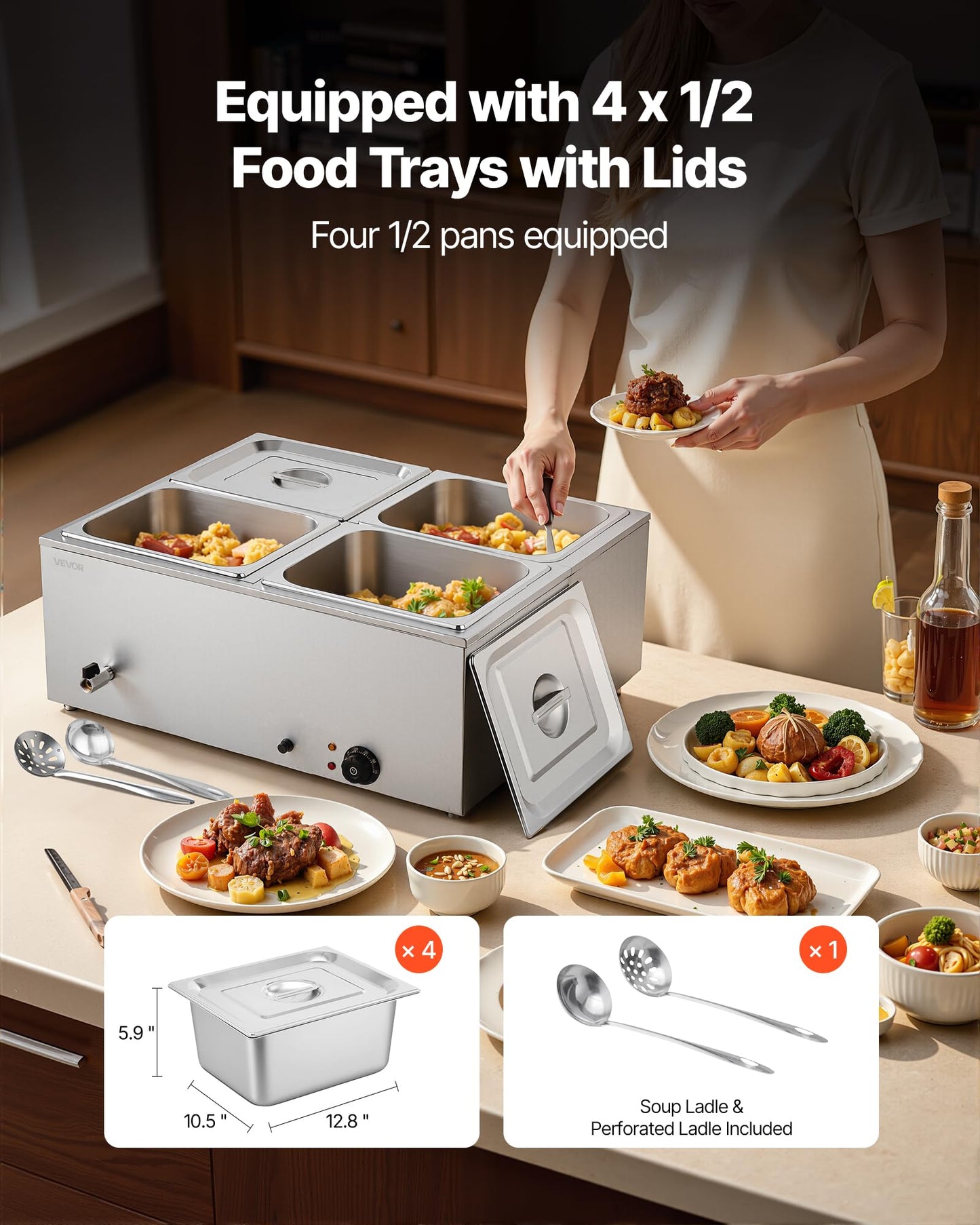 VEVOR Commercial Food Warmer, 1500W Electric Stainless Steel Steam Food Warmer with Lid, 4-Pan Fast Heating Countertop Buffet Bain Marie with Soup & Perforated Ladles, for Catering, Restaurant, Party