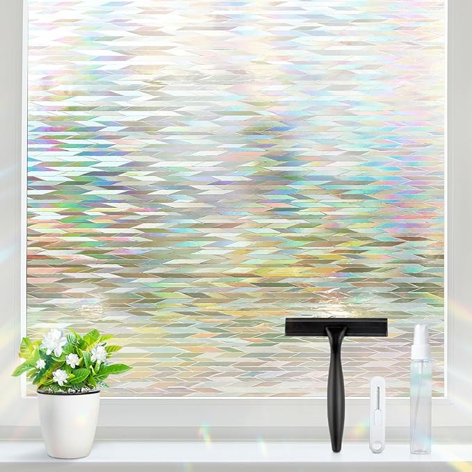 rabbitgoo Window Privacy Film with Installation Tools, Stained Glass Window Film Rainbow Prism Decorative Glass Clings for Home Decor, Static Cling Covering Sun Blocking, 23.6" x 118.1"