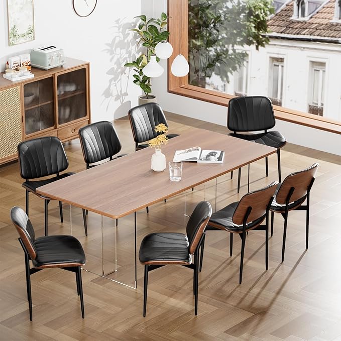 YaFiti Dining Chairs Set of 6, Dining Room and Kitchen Chairs, FSC Certified Mid Century Modern Accent Chair, Upholstered PU Leather Chairs for Vanity with Walnut Bentwood and Metal Legs, Black
