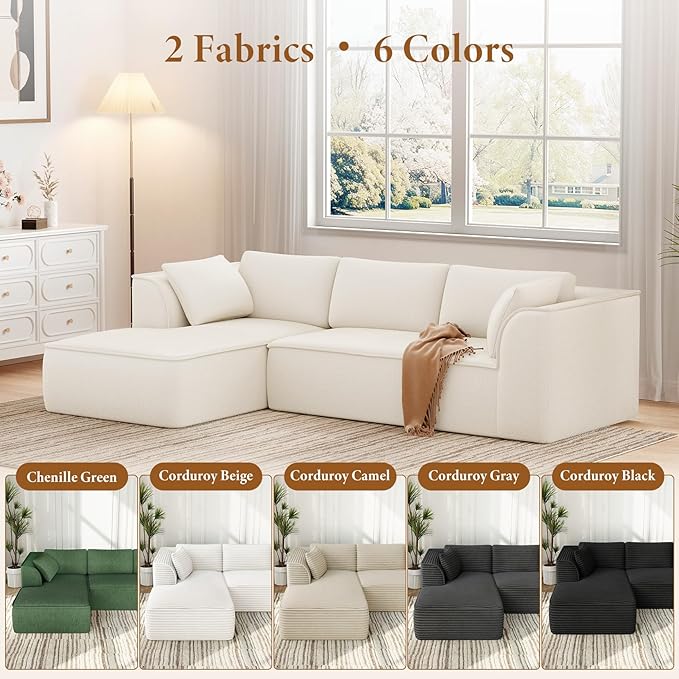 Vesgantti 106" Boneless Couch with Chaise, Deep Seat Cloud Sofa Sectional, Chenille Memory Foam Modular Couches for Living Room, No Assembly Required (Creamy Beige, Left-Facing Chaise)