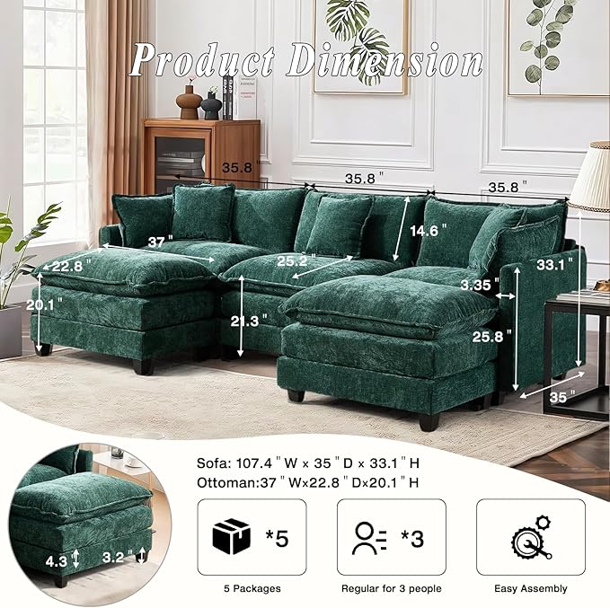 SoarFlash 113.78" Chenille Sectional Sofa, Comfy U Shaped Modular Coush Sofa with Ottoman, Modern 4 Seat Couch Deep Seat Sofa Set for Living Room,Green