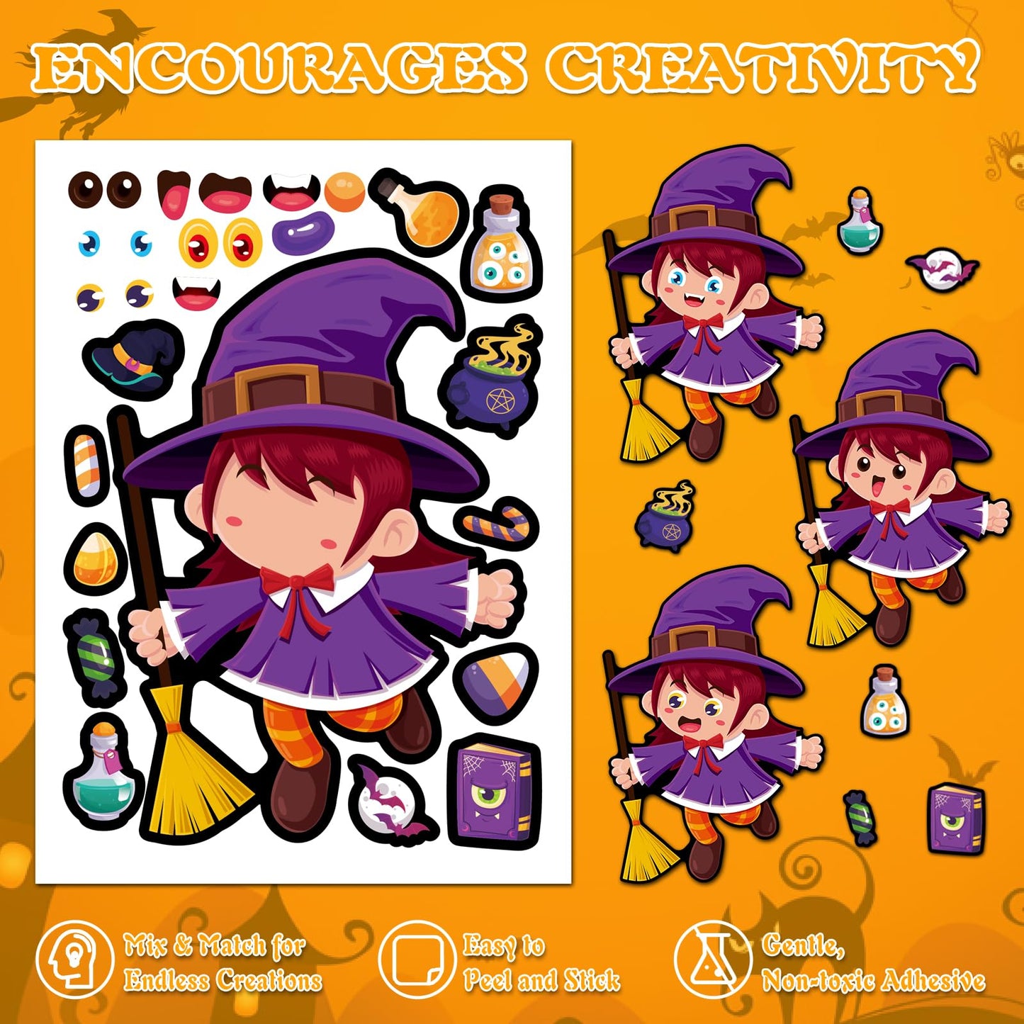 Aowplc 48 Halloween Make-a-Face Sticker Sheets for Kids - 16 Unique Designs, Mix & Match for Party Favors, Crafts, Goodie Bags Stuffers, Classroom Activities, and Holiday Games