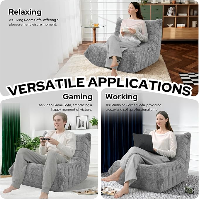 HABUTWAY Bean Bag Chairs Fireside Lazy Floor Sofa, Soft Teddy Fleece Bean Bag Sofa with High-Resilience Foam Filling，Beanbag for Living Room, Bedroom, Office(Light Gray Teddy)