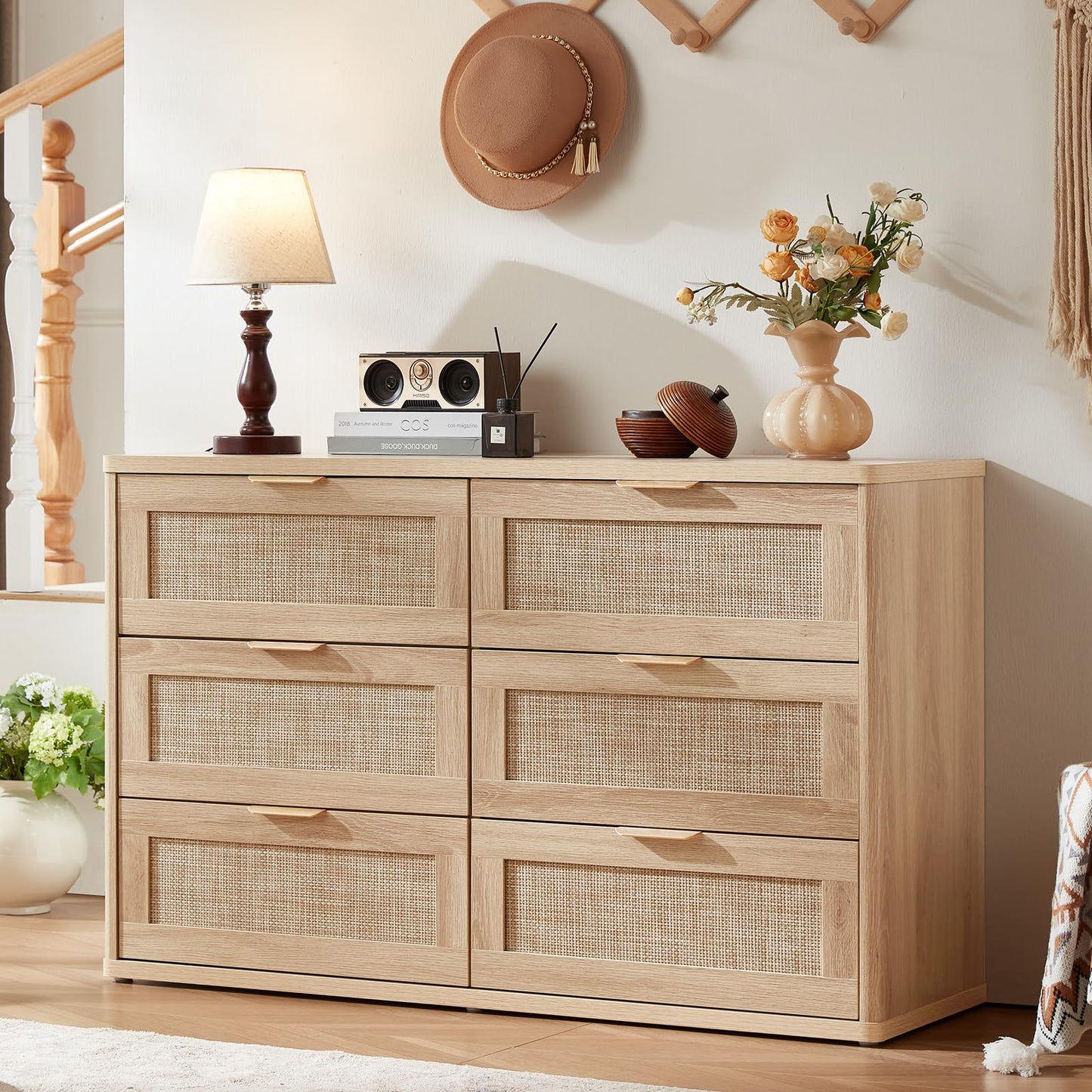 LEYAOYAO Rattan 6 Drawer Dresser for Bedroom, Boho 48" Wide Natural Wood Dresser Chest of Drawers, Dressers TV Stand with Metal Handle, Storage Dressers Closet Organizer for Living Room, Hallway