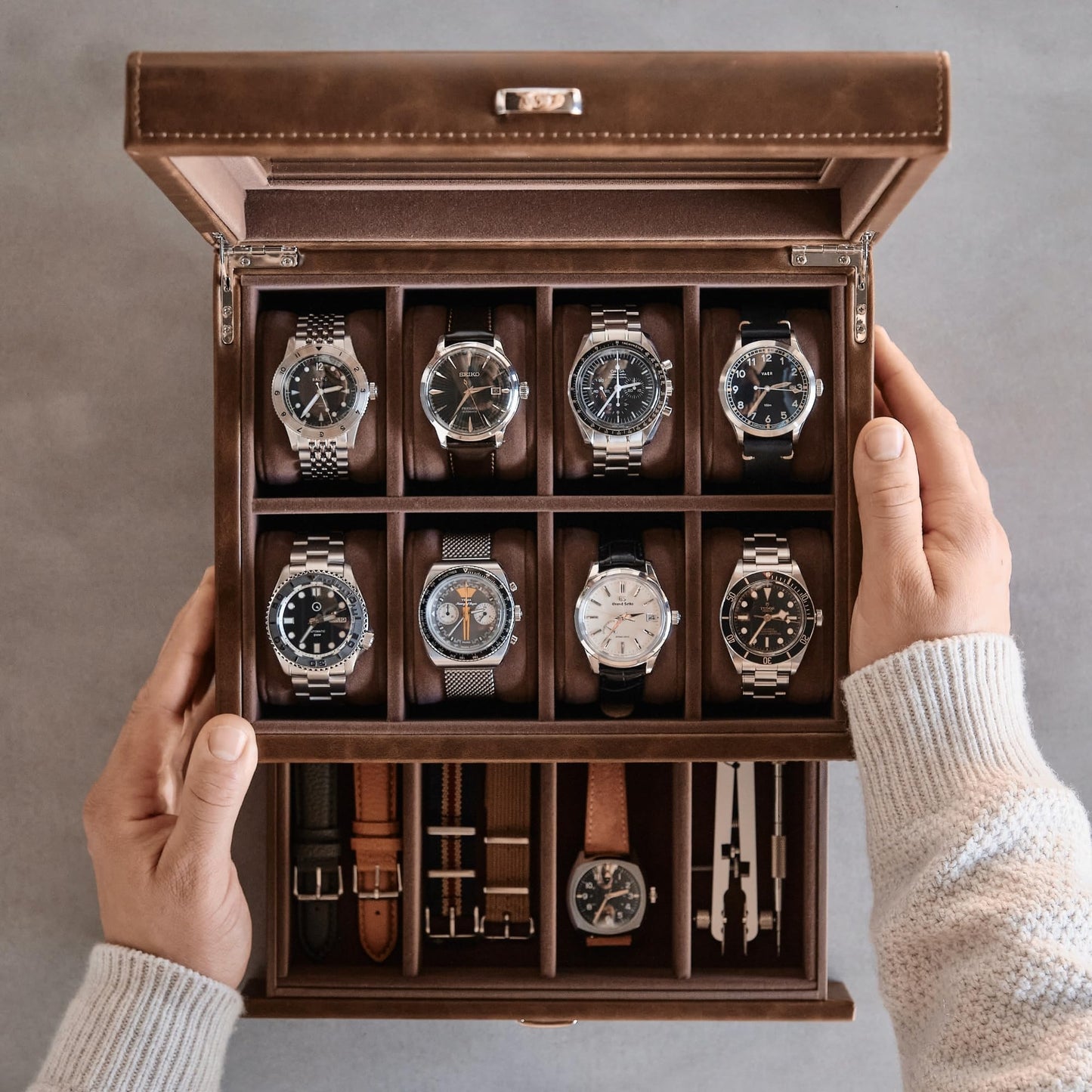 TAWBURY 8 Slot Watch Box with Storage Drawer – Premium Watch Storage Case for Men | 2.2-inch Wide Pillows Hold Small & Ovesized Watches (Brown)
