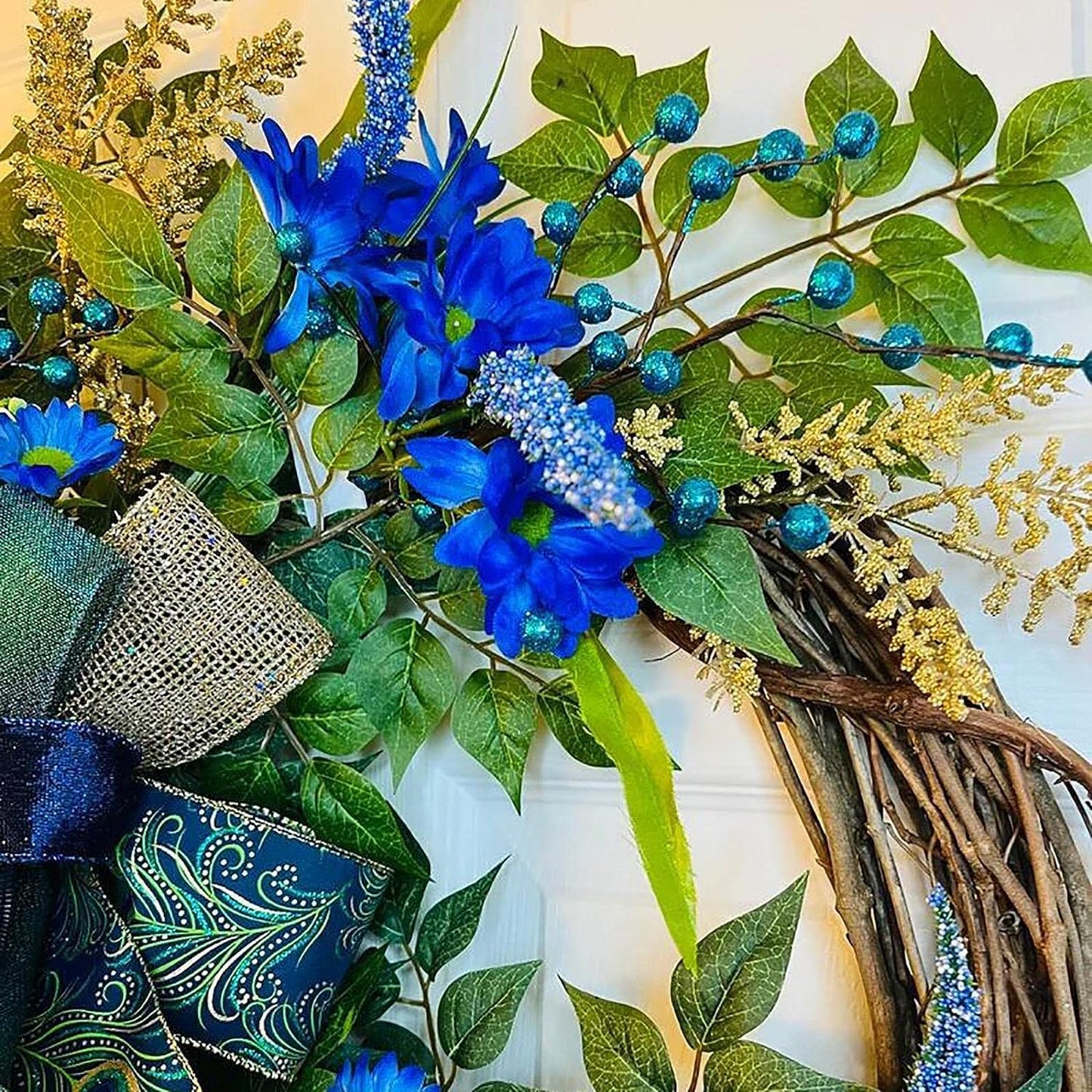 Peacock Wreath Artificial Flower Wreath with Bowknot Festival Hanging Garland Simulation Garland for Xmas Halloween Holiday Door Decor 18inch