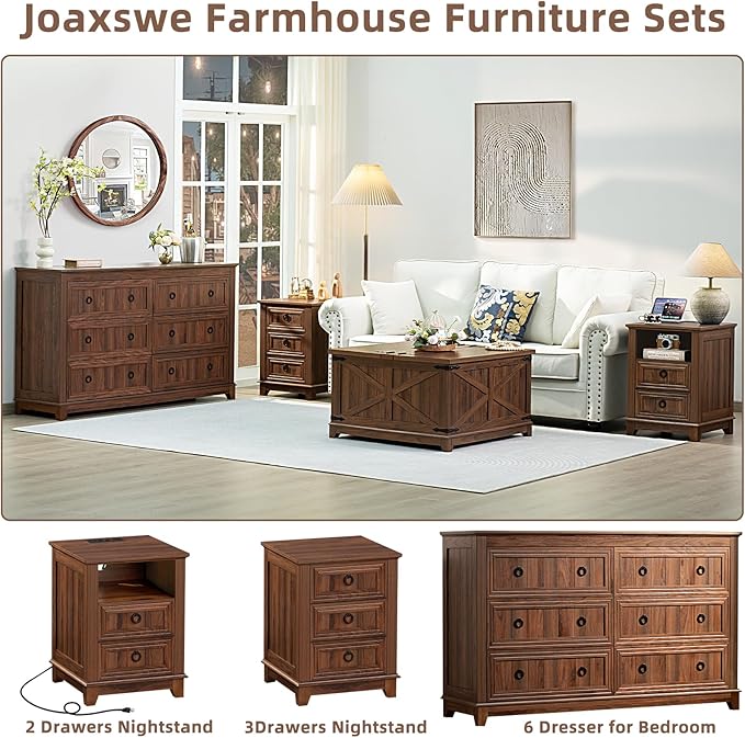 Joaxswe Farmhouse Dresser and Nightstand Sets, Furniture Sets 18" Night Stand with Charging Station and 6 Drawers Dressers for Bedroom, 54" Dressers and Nightstand Set for Bedroom, Living Room