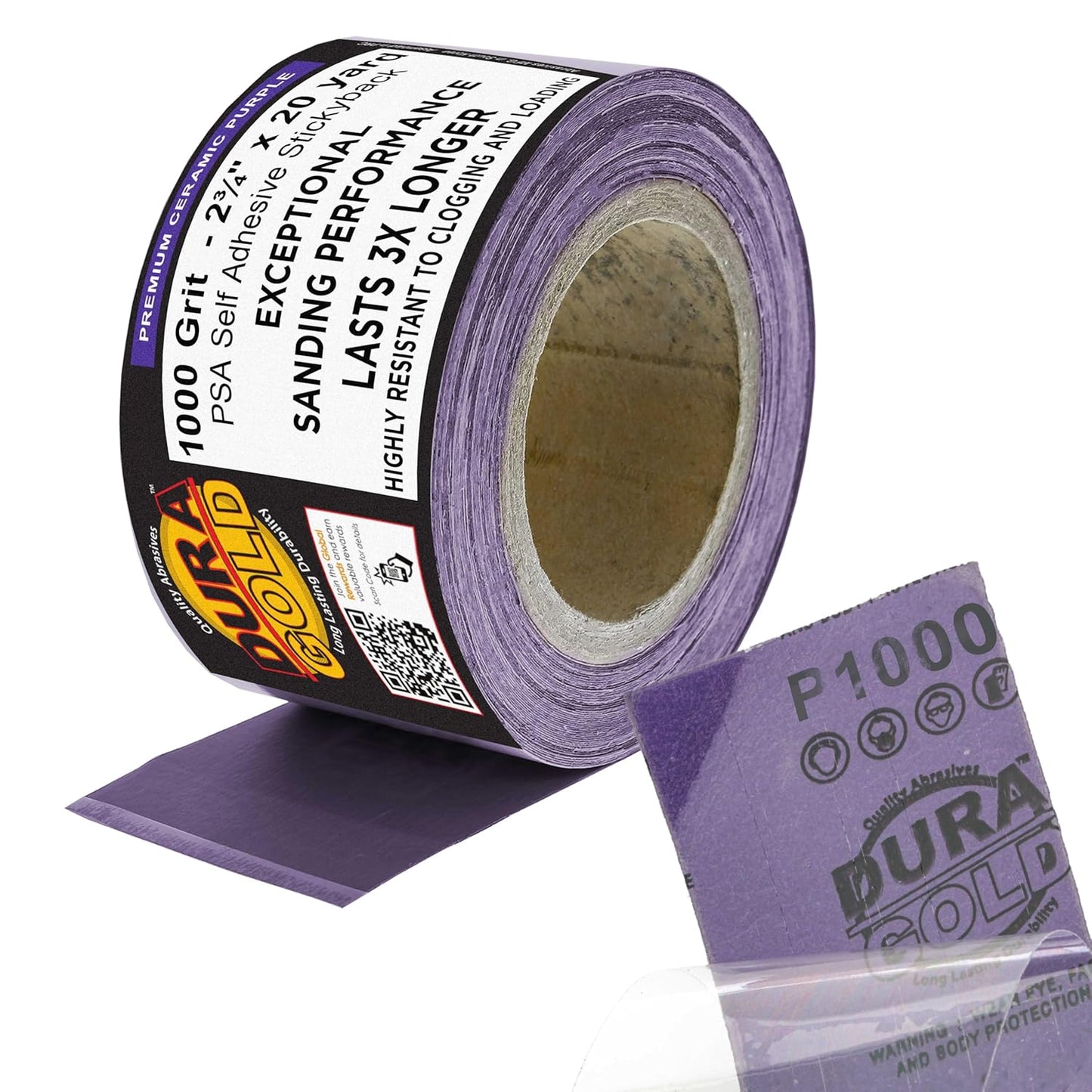 Dura-Gold Premium 1000 Grit PSA Purple Film Ceramic Longboard Sandpaper, 2-3/4" Wide Continuous 20 Yard Roll - Self Adhesive Stickyback for Auto & Wood Air File Long Board Sanders, Hand Sanding Blocks