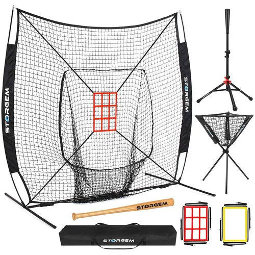Storgem Baseball and Softball Practice Net 7×7ft Portable Hitting Pitching Batting Training Net Baseball Backstop Net with Batting Tee,Ball Caddy,Strike Zone and Bow Frame (Black)