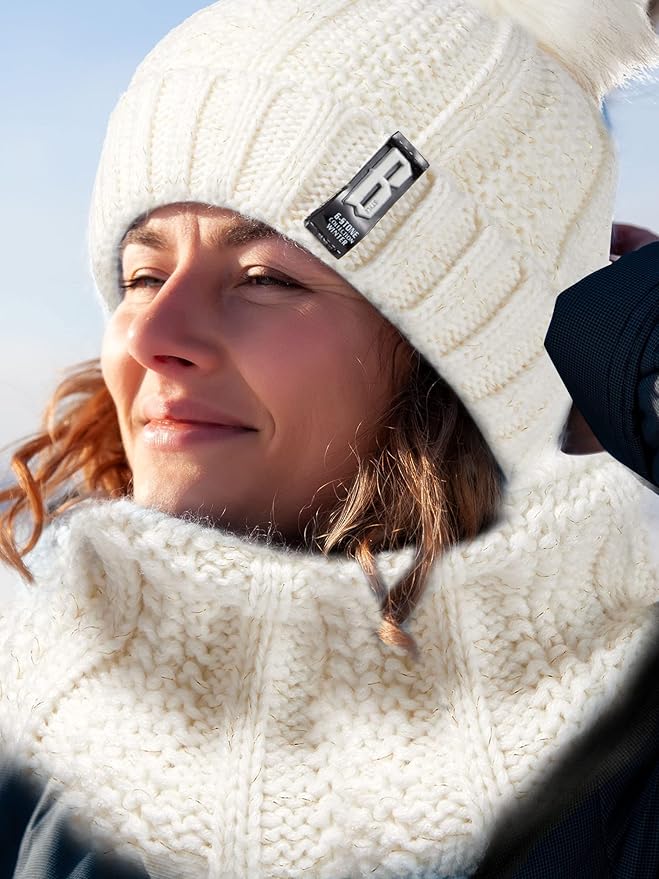 5 Pieces Women Winter Warm Set Knit Beanie Hat Scarf Touchscreen Gloves Earmuffs Stockings 5 in 1 Ski Outing Set for Gift