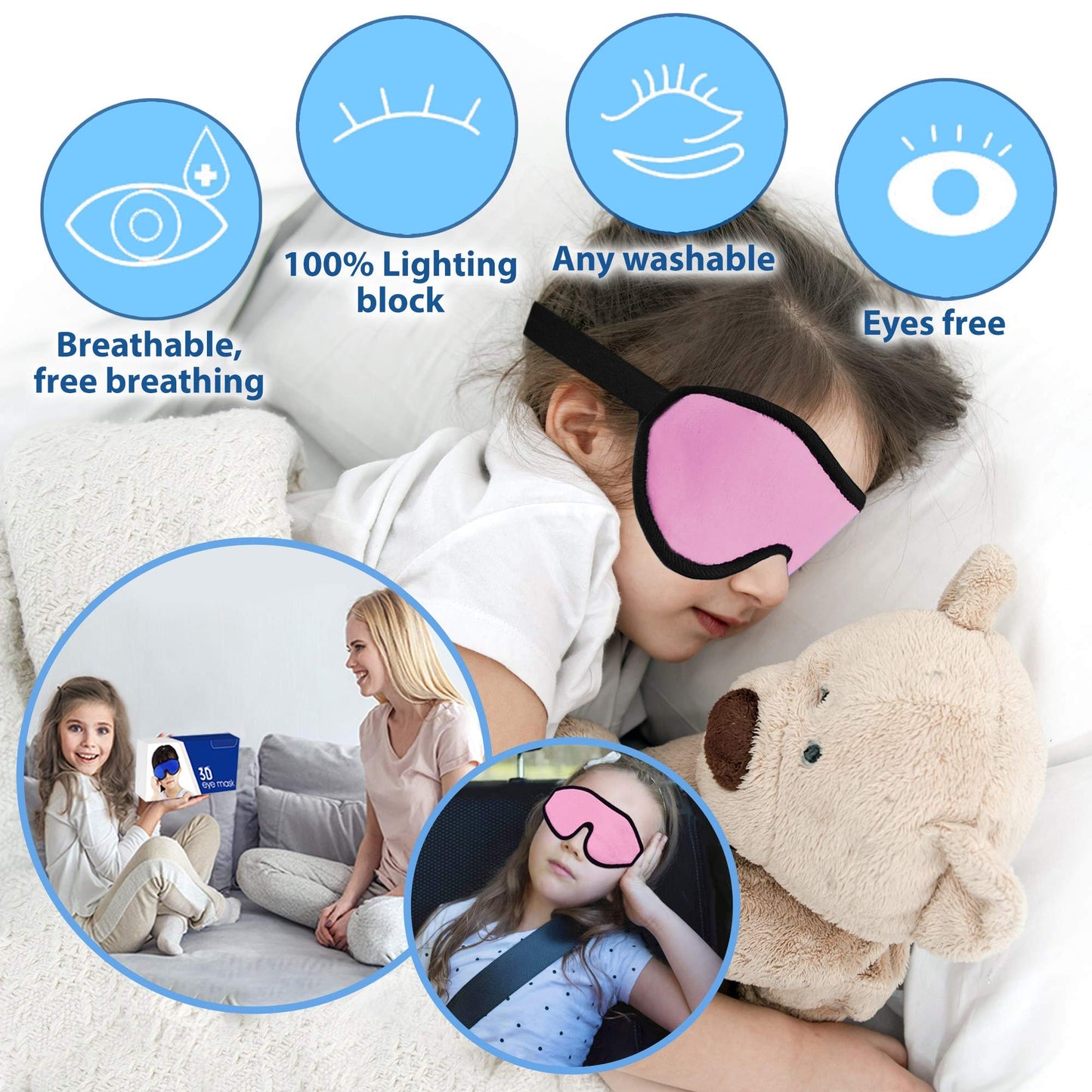 ASTRA VENA 3D Sleep Mask for Kids, Light Block Sleeping Blindfold Memory Foam Contoured Eye Mask for Sleep, Adjustable Strap Eye Cover and Travel Sleep Mask for Boys Girls,Light Blue