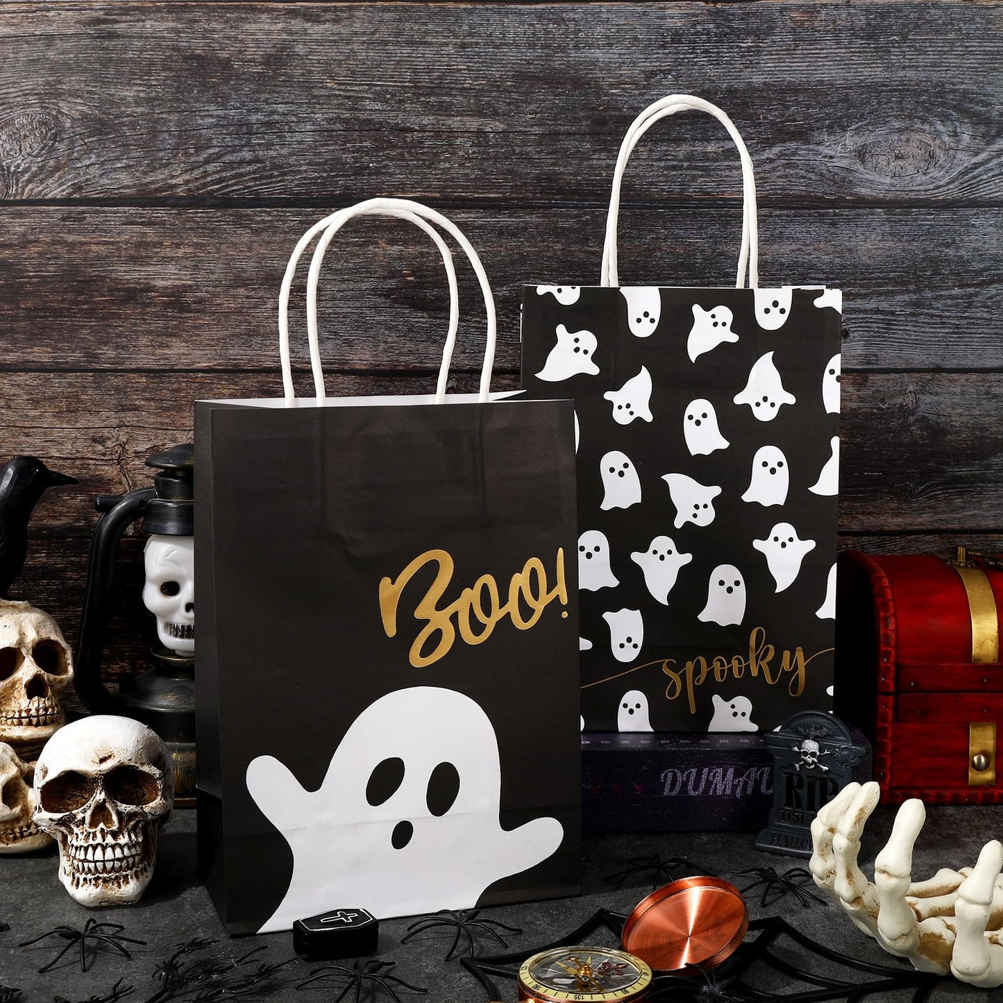 JarThenaAMCS 24Pcs Halloween Paper Gift Bags With Handles - Black White Ghost Party Favor Candy Goodie Treat Bag for Holiday Birthday Party Supplies