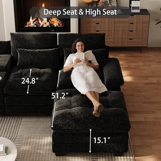 BEQAI 134"U Shaped Sectional Couches for Living Room, Oversized Modular Sectional Fluffy Couch with 2 Ottoman & Storage Console,Modern 6 Seat Living Room Sofa with Glitter Fabric,Tufted Buttons, Black