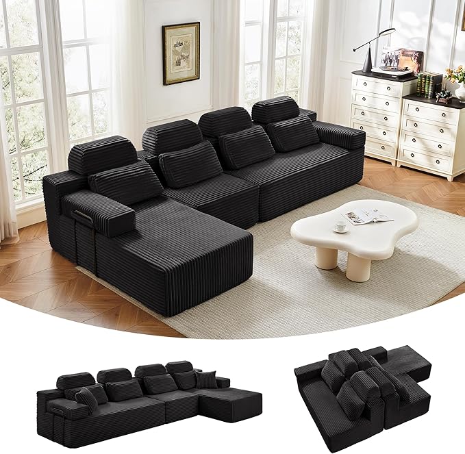 136" L-Shaped Cloud Modular Sectional Sofa with Chaise & Headrest, Boneless Deep Seat Plush Corduroy Couches for Large Living Room, No Assembly Required (Black, 136" L-shapred Chaise)