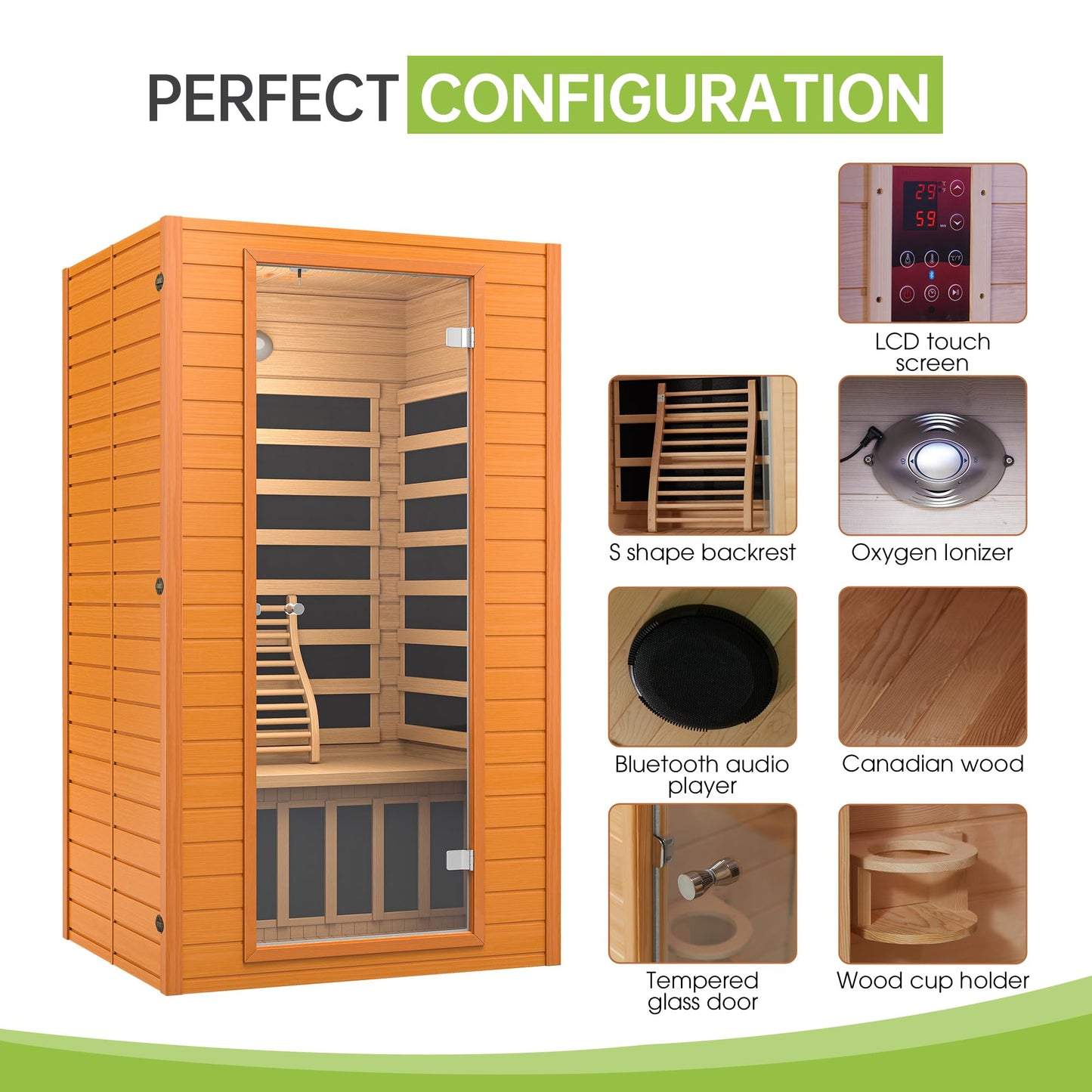 Real Relax Infrared Sauna for Home, Home Infrared Saunas up to 1-2 Persons, Canadian Hemlock Wooden Indoor Dry Sauna Room with Low Emf Red Light Therapy, 9-Color Chromotherapy Lights