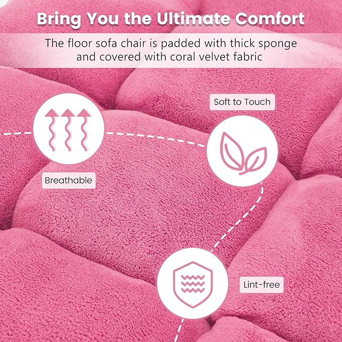 Folding Floor Chair w/Back Support, 14-Position Adjustable Lazy Sofa Chair w/Coral Velvet Fabric & Alloy Steel Frame, Portable Meditation Chair for Reading, Gaming,Sleeping (Pink)