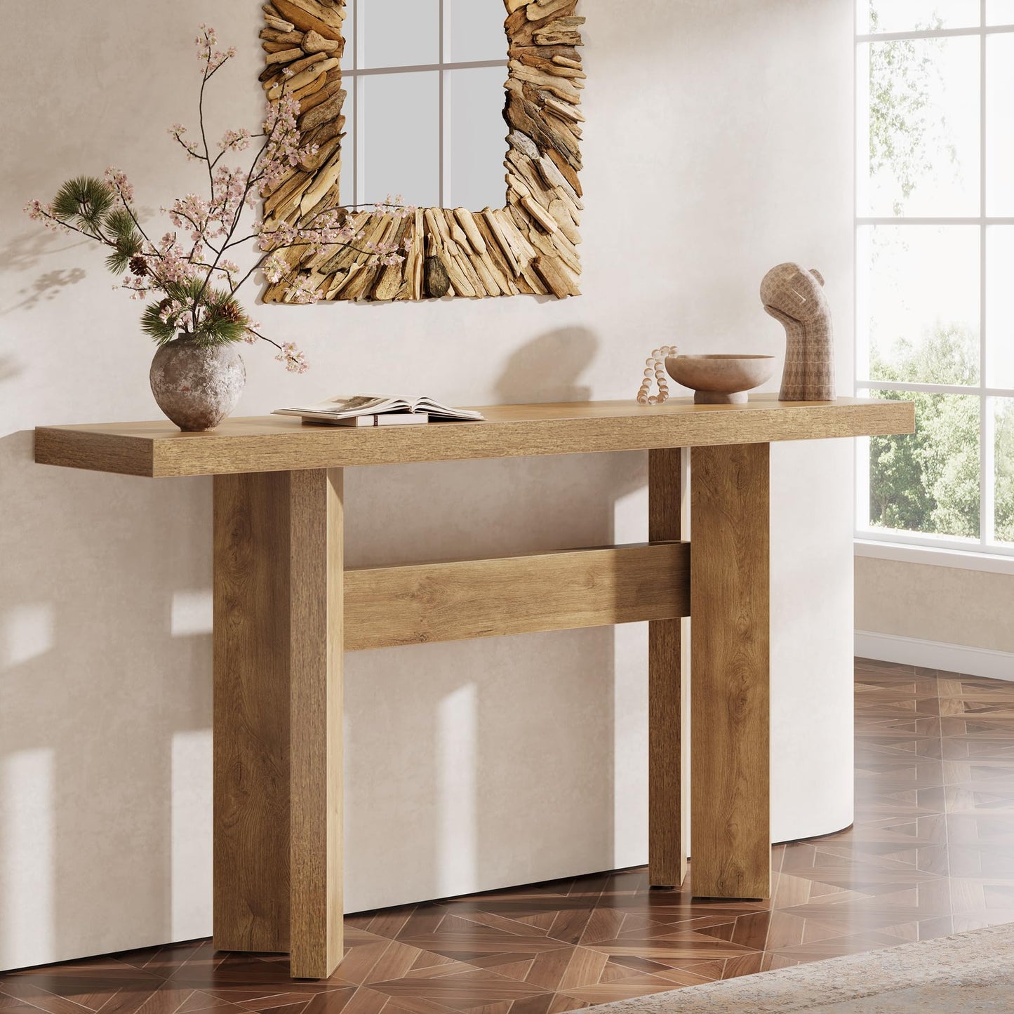 Tribesigns 63-Inch Farmhouse Console Table, Long Wooden Sofa Table Behind Couch with H-Shaped Frame for Entryway, Foyer, Hallway, Living Room, Easy Assembly, Brown