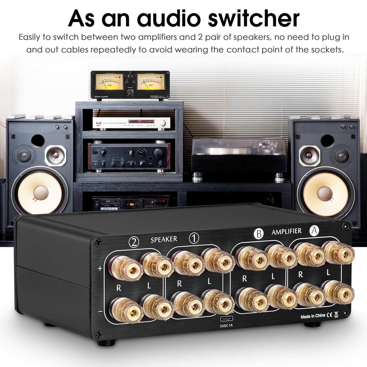 Douk Audio Vu3 Dual Analog Vu Meter, 2-Way Amplifier/Speaker Switch, Audio Switcher Box With Db Panel Display