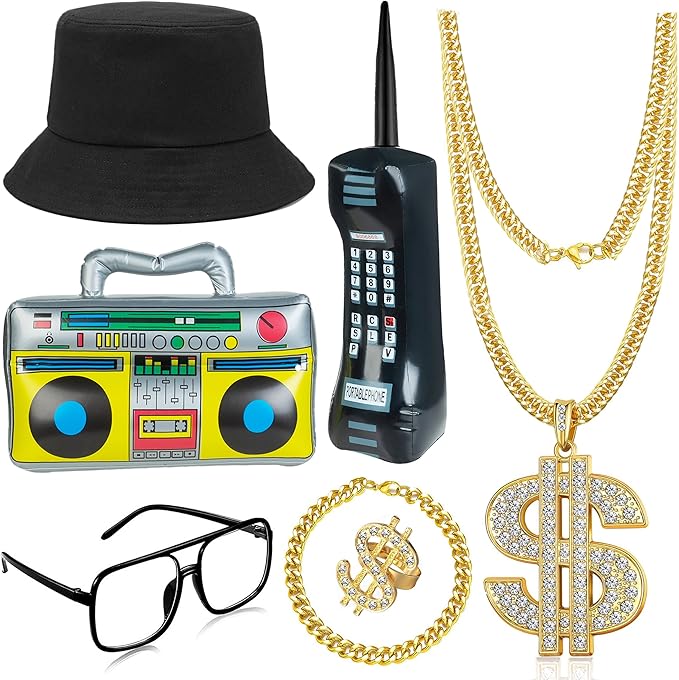 GIFIKOI 80s 90s Hip Hop Costume Outfit Kit Mobile Phone Inflatable Radio Box Necklace Bracelet Ring Glasses Hat Rapper Cos...