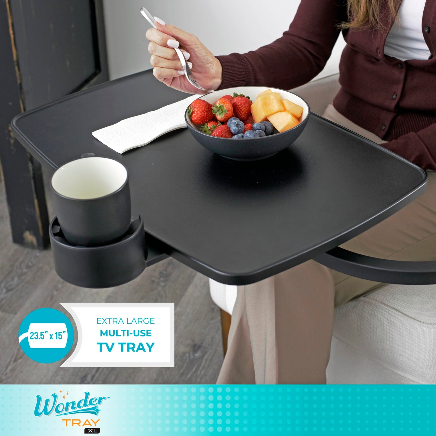 Stander Wonder Tray, Adjustable Swivel Table, Extra-Large Computer Stand, Couch Desk & Gaming Bench, TV-Trays for Eating on Couches, Chairs, Recliners with Laptop Wedges and Cup Holder, XL, Black